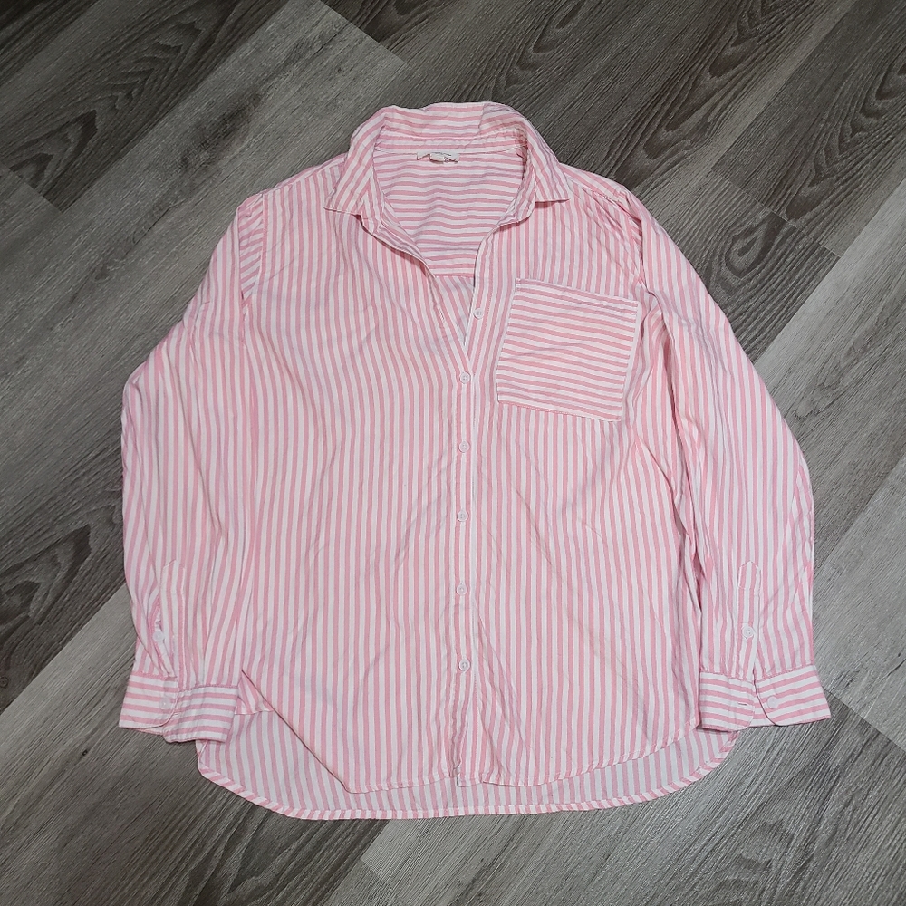Pink and White Striped Button Up Shirt Size XL